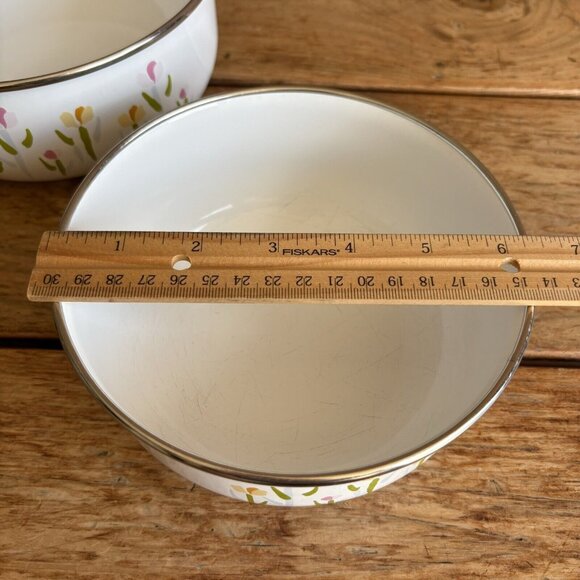 Vintage Enamelware Nesting Mixing Bowls Yellow Flowers Tulips READ - Picture 8 of 10
